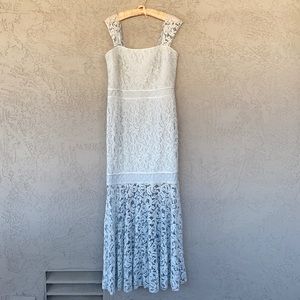 Tadashi Shoji white / blue lace mermaid dress, 14